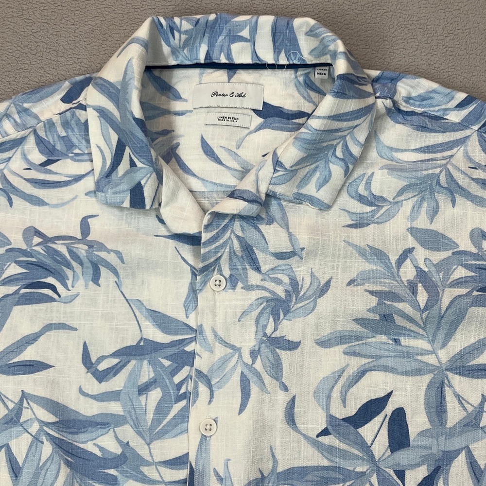 Porter & Ash Mens Blue Tropical Palm Leaf Linen Blend Button Down Shirt Small